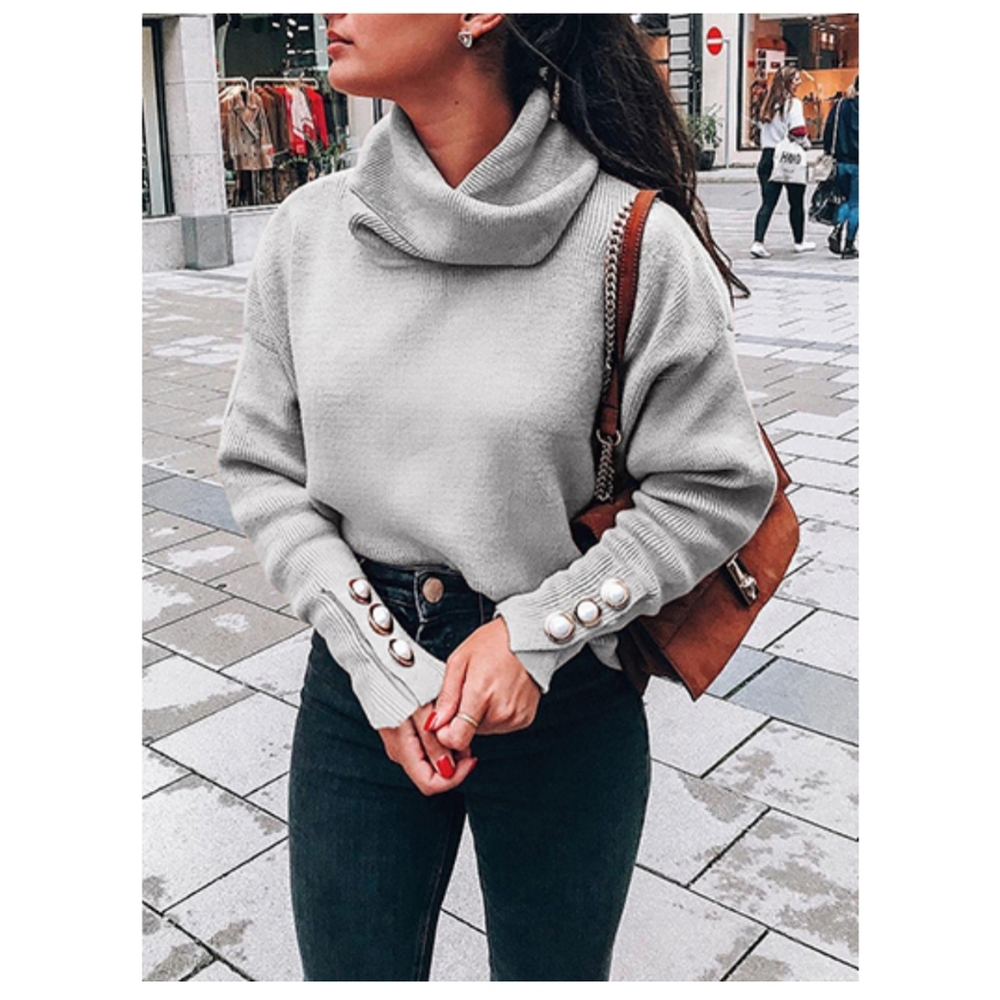 Grey Cowl Neck Pullover sweater faux pearl Buttons